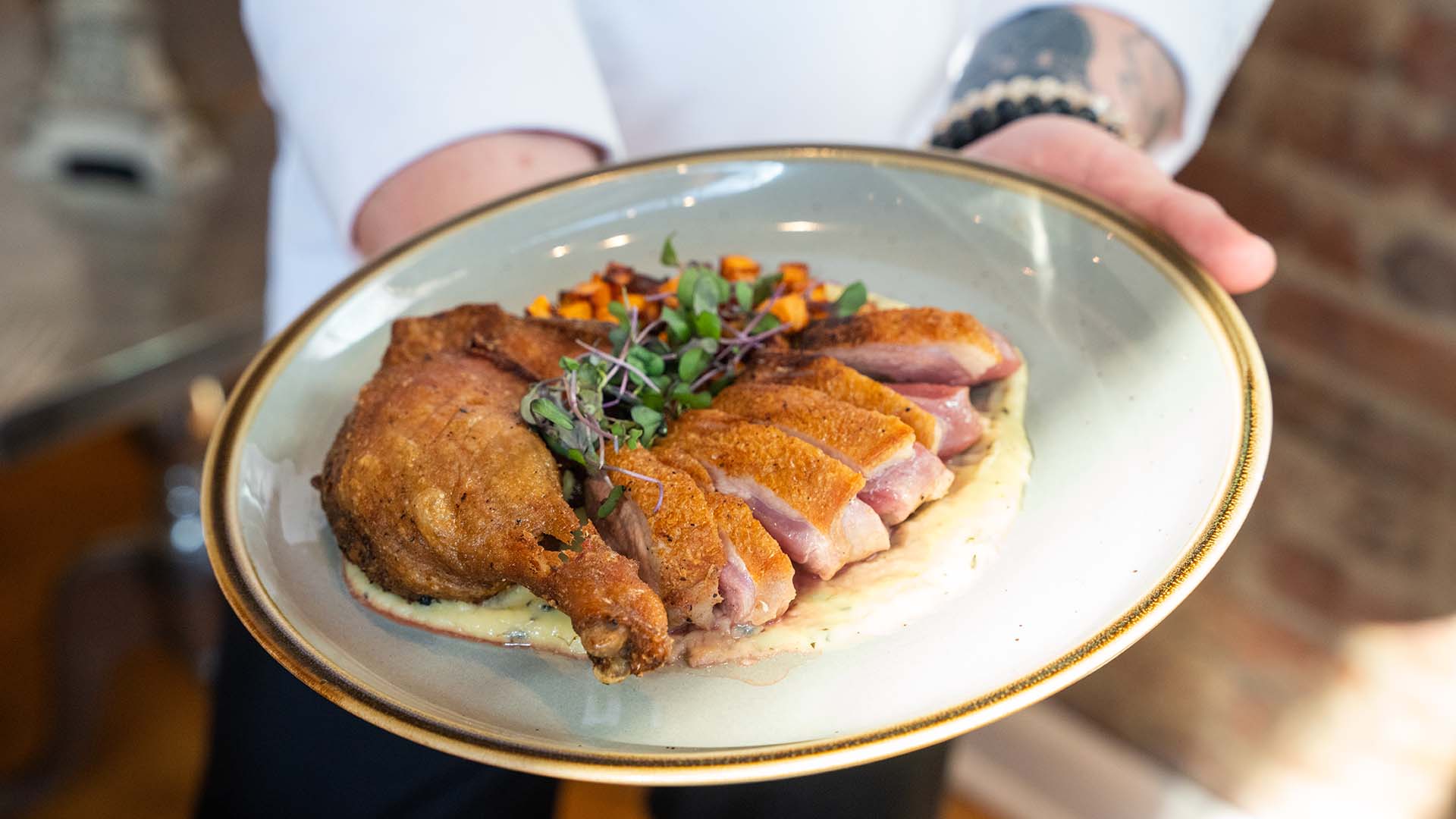 A seared duck breast served by Spencer Ellen, executive chef of C'sons in LaGrange, Georgia.