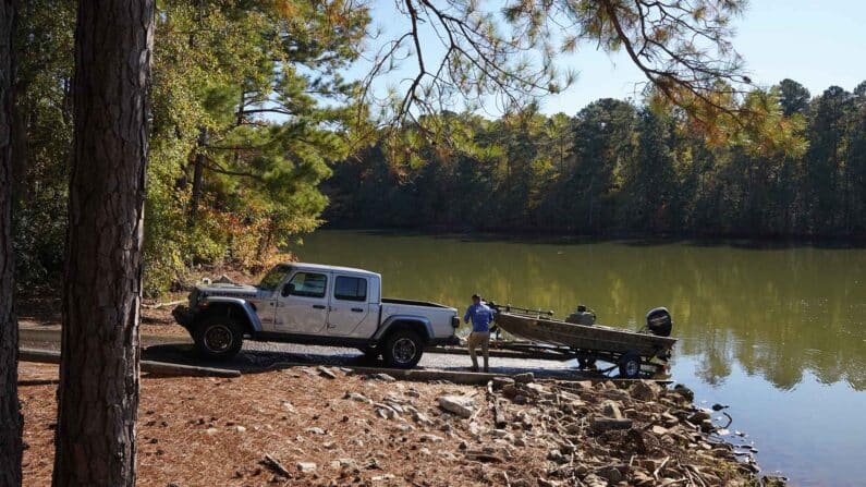 An angler launches their boat at Georgia Park in Troup County. Visit LaGrange, Georgia.