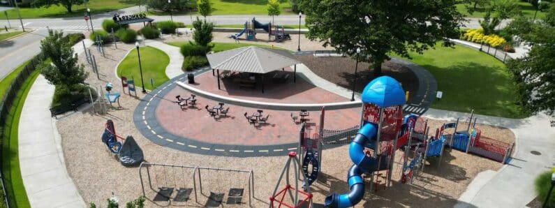 Overhead view of Granger Park, a playground with cycling track in LaGrange, Georgia.