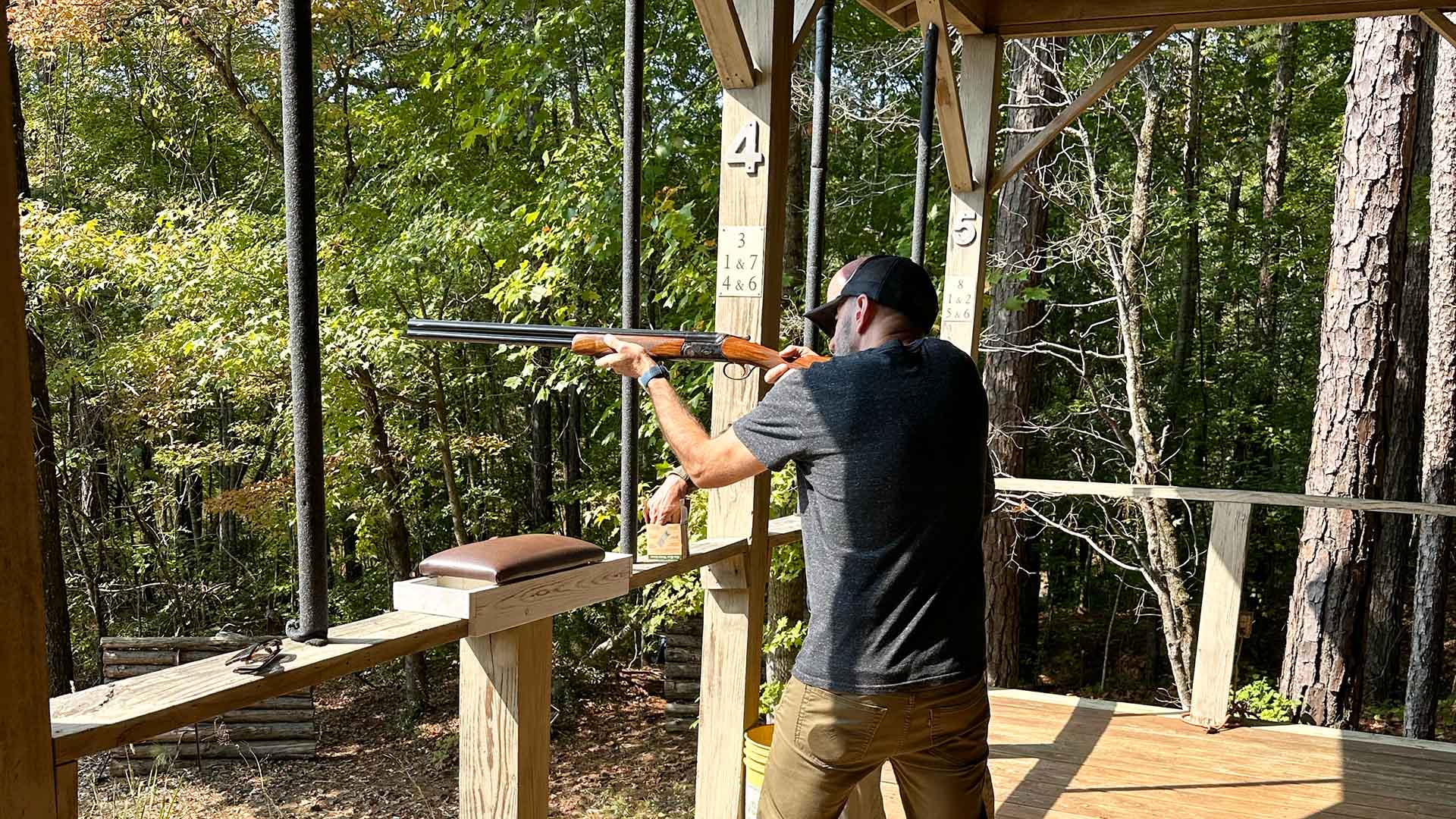 A man shoots sporting clays at Liberty Hill Sporting Club in LaGrange, Georgia.