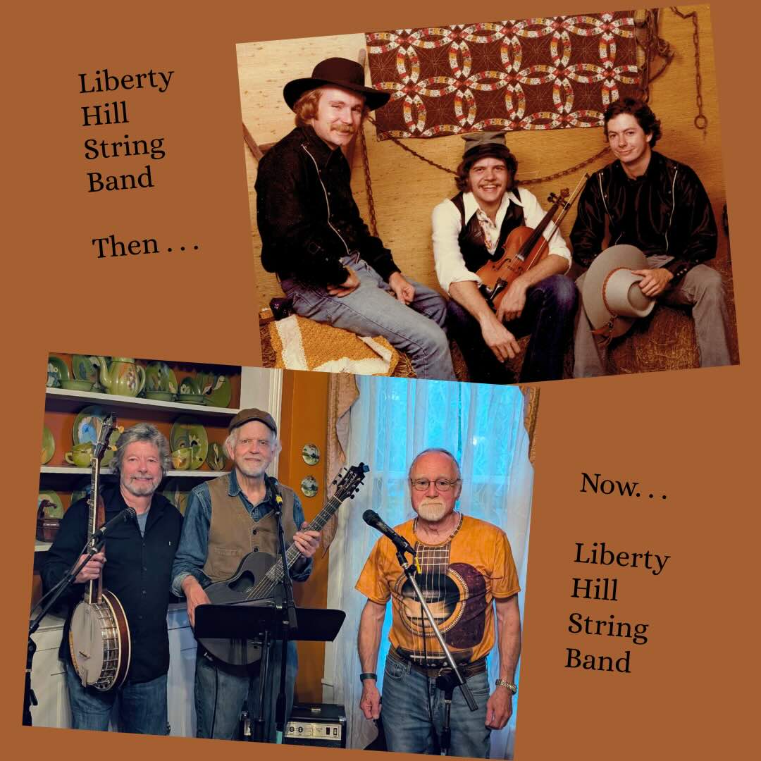 A then and now photo of the Liberty Hill String Band, performing at Pure Life House of Music in LaGrange, Georgia.