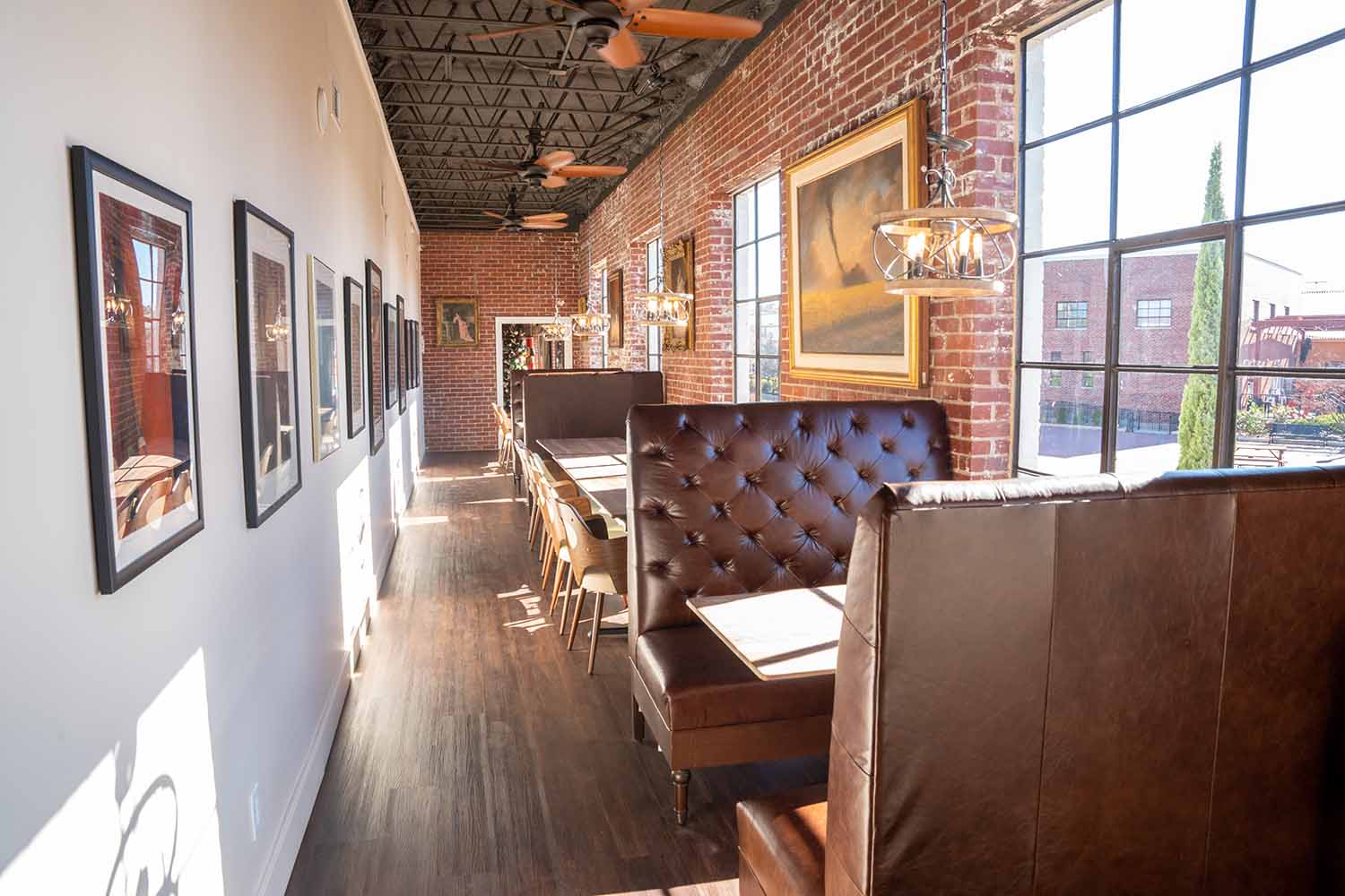 Interior seating at Nutwood Winery's downtown location in LaGrange, Georgia.