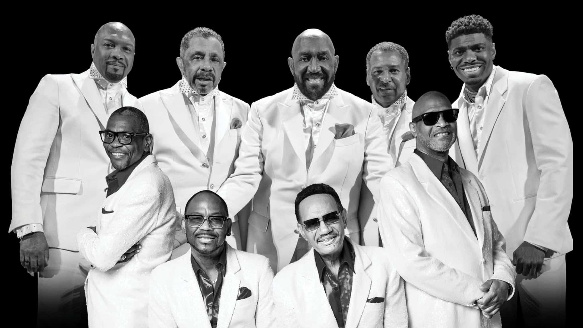 The Temptations and The Four Tops pose for a photo - performing at Sweetland Amphitheatre in LaGrange, Georgia in 2025.
